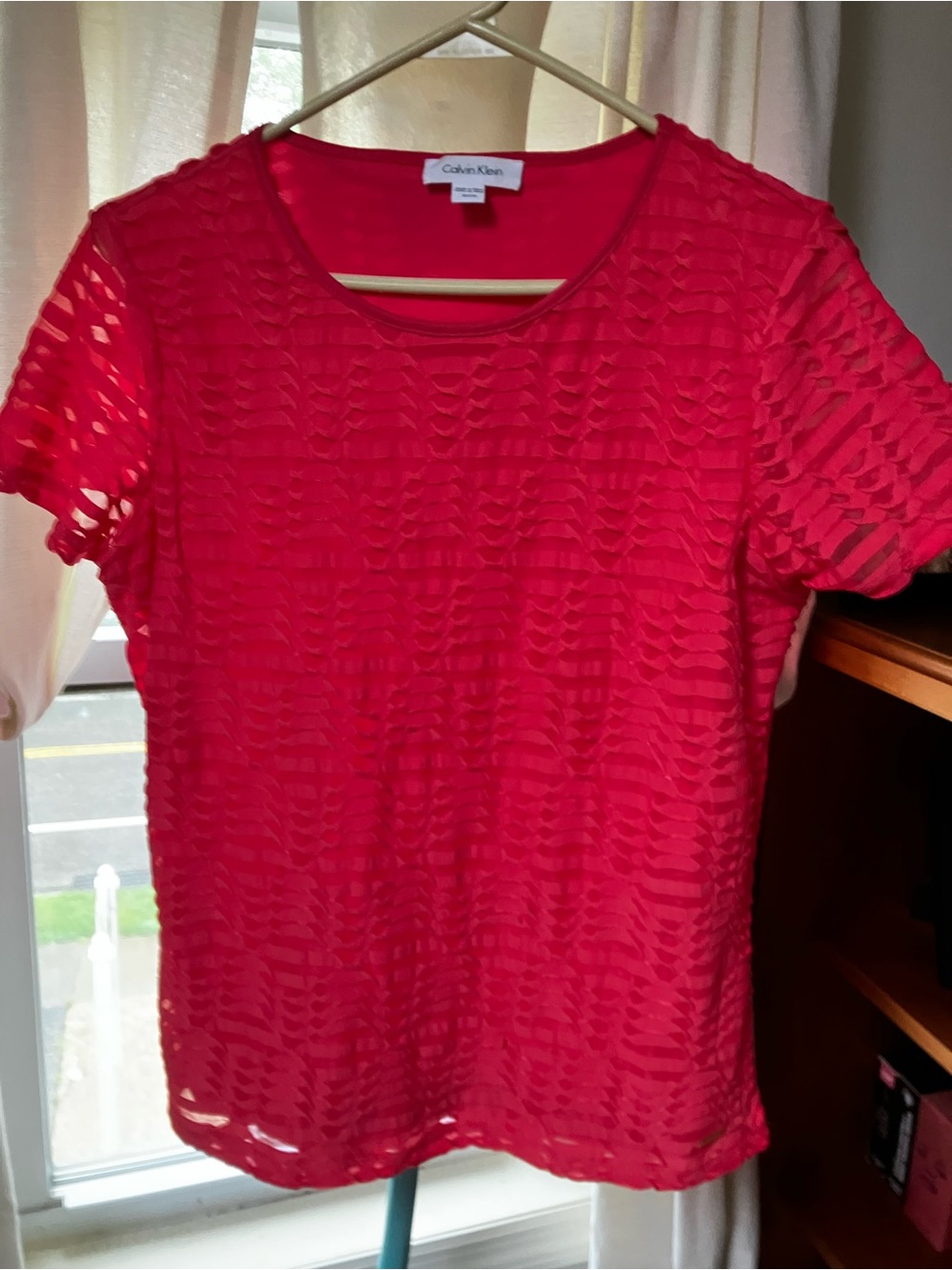 Calvin Klein Reddish Pinkish Short Sleeve Semi-Sheer Textured Top